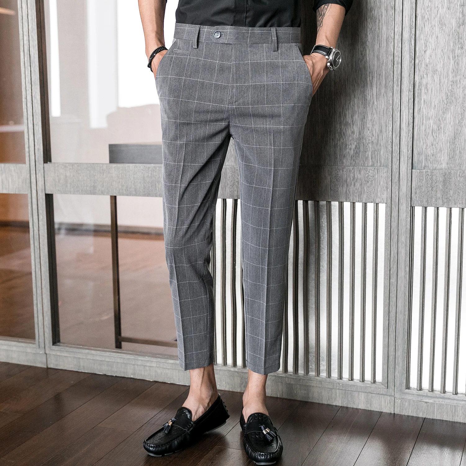 
Korean style slim gery square men suit pants for businessman trousers suit for young man formal pant suits for weddings 
