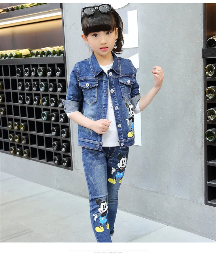 Junior Girls children spring Jeans autumn sports casual cowboy Cartoon Mouse suit 2 sets