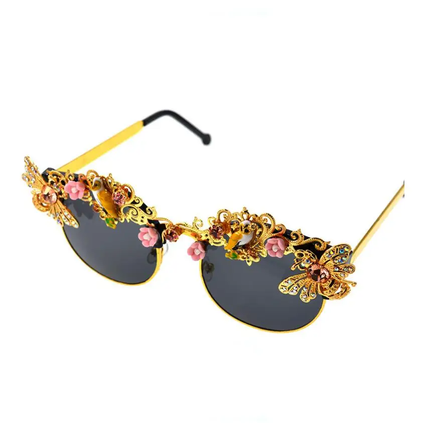 Handmade Luxury Baroque Rhinestone Flower Bee Sunglasses for Women Brand Female Sun Glasses Oculos Crystal Eyewear