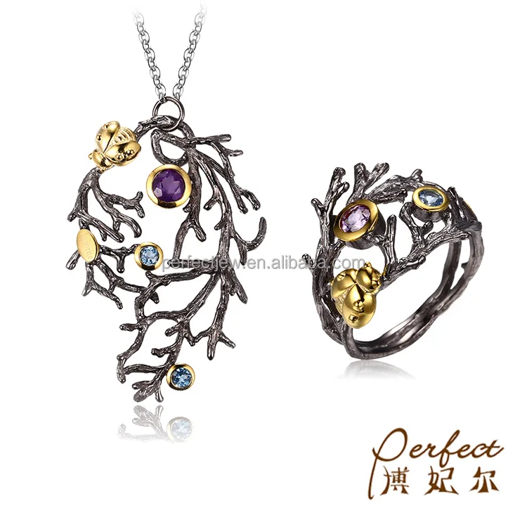 Tree Branch Design 925 Sterling Silver Zircon Jewelry Set with Blue Topaz