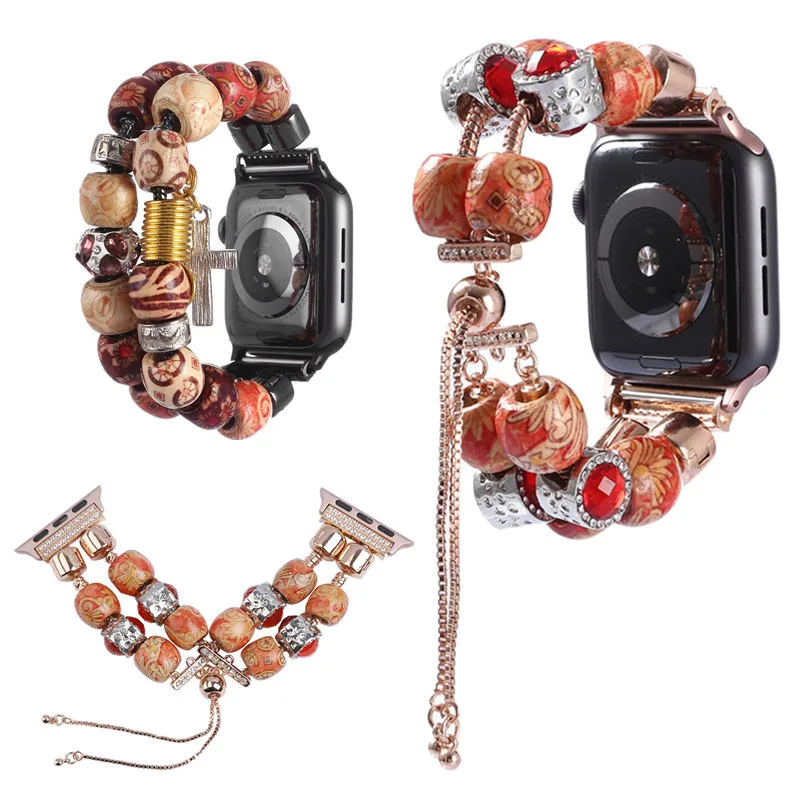 New Women Men Wooden Beads Watch Band Strap Bracelet For Apple Watch Series 4