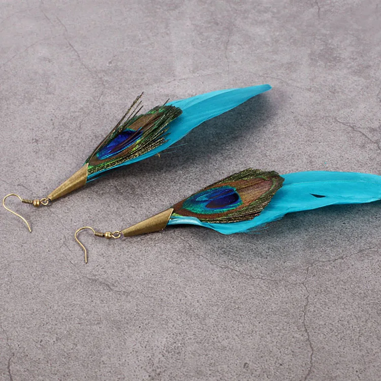 Fashion jewelry long blue peacock feather sexy earrings