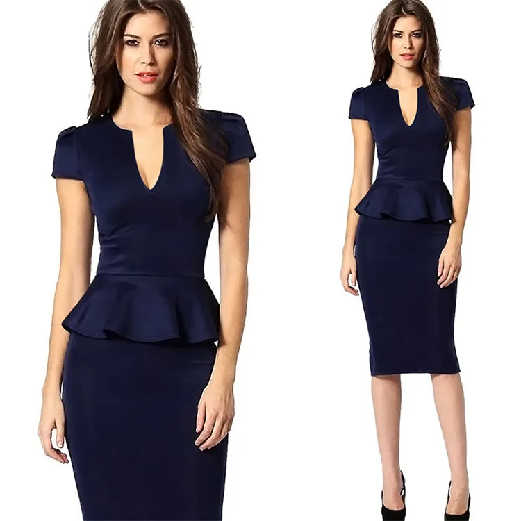 2019 Top Tank Ruffles Clothing V-Neck Bodycon Office Ladies Pencil Knee Length Women Formal Dresses