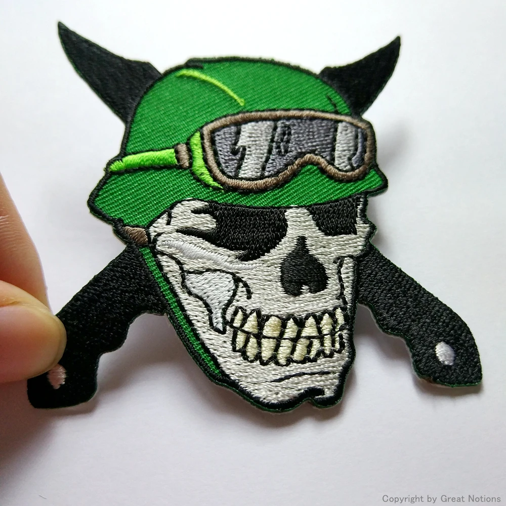 
Custom heat seal embroidered patches embroidery MC skull patch for jacket 