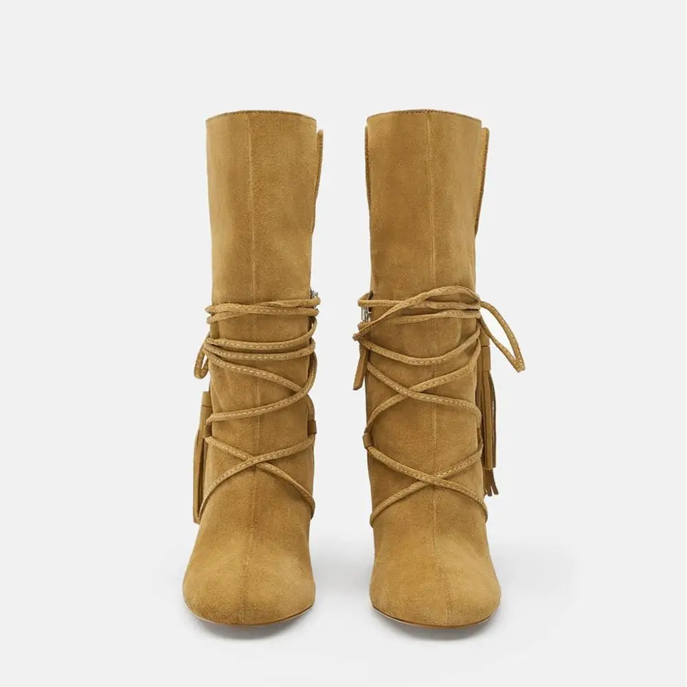 
MANRINO-0299 Tan Color Tassel Decor Womens Zipper Up Block High Heel Combat Desert Boots 2019 Fashion Trends 