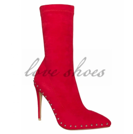 Sexy Ladies Shoes Red Suede Studded Pointed Toe Ankle Boots For Girls