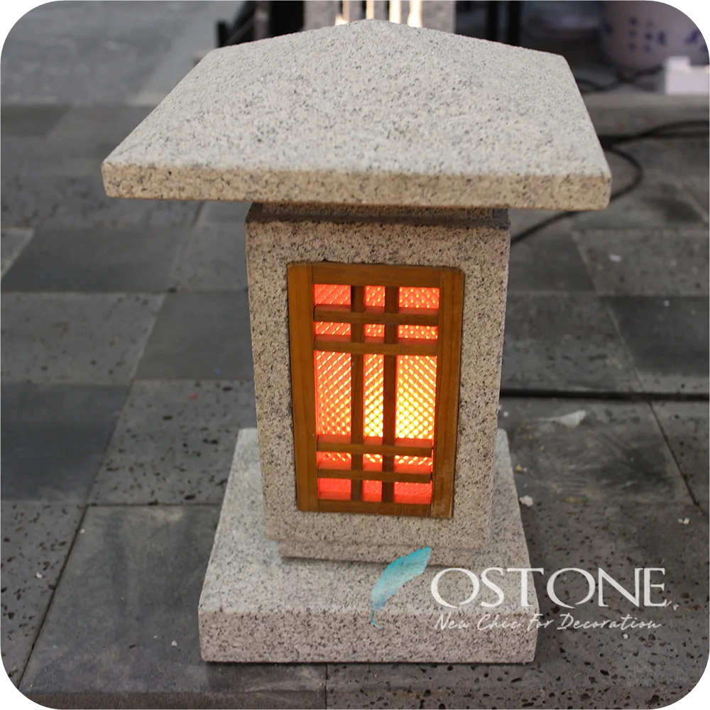 Oriental Outdoor Japanese Solar Led Carved Granite Antique Lantern