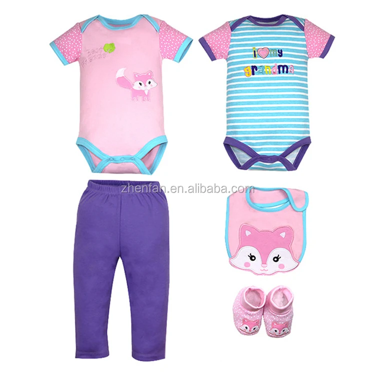 5 in 1 newborn baby clothing set summer baby short sleeve romper matching with long pants&shoes&bibs