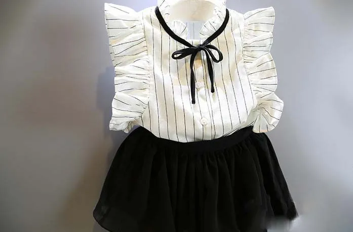 Hao Baby Summer Kids Clothing Baby Girls Clothes Sets Striped Cotton Shirt + Chiffon skirt suit