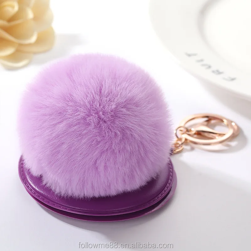 Mirror Pendent Fluffy Rabbit Fur Pompom Keychain for female gift