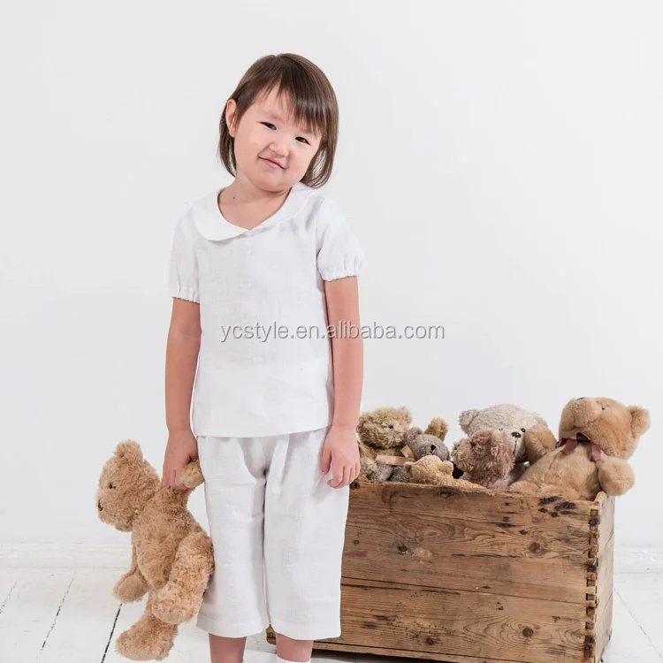 Toddler girls linen peter pan collar top for summer, high quality girls white blouse with puff sleeves top for special occasion