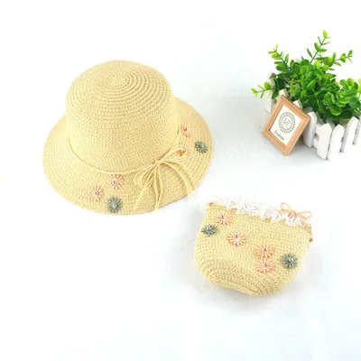 D1100 Mom and Baby Hat Summer Beach Visor Hat Bowknot Straw Hats with Bag