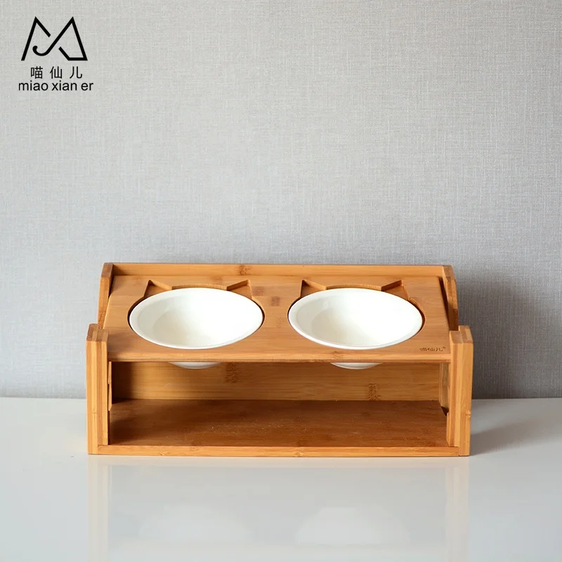N-shaped Bamboo Wood Pet Feeder With Ceramic Two Pet Bowl for Cat Dog Supplies