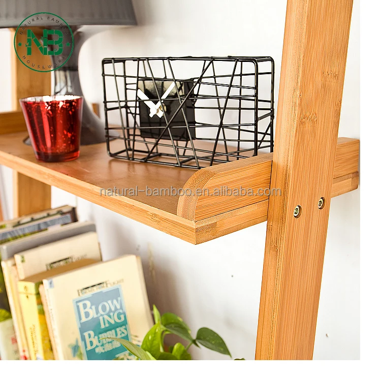 Bamboo Ladder Bookshelf 4 Shelves Wall Bookcase Wooden Storage Shelf