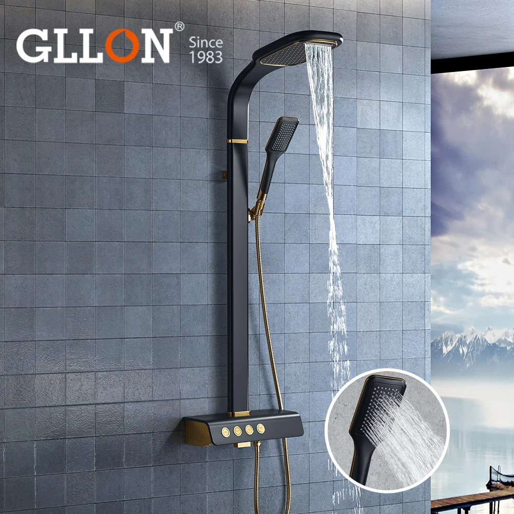 H59 Copper Aluminium Luxury Bathroom Waterfall Rainfall Black and Gold Shower Set Column Panel with Spain Sedal Valve Core