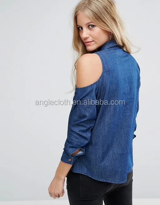 Fashion summer maternity denim cold shoulder shirt in dark blue