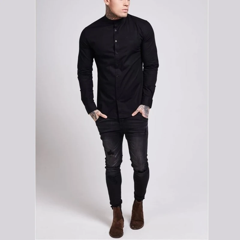 Custom Black Shirt Show Out Gym Fit Long Sleeve Shirts For Men Casual Wear