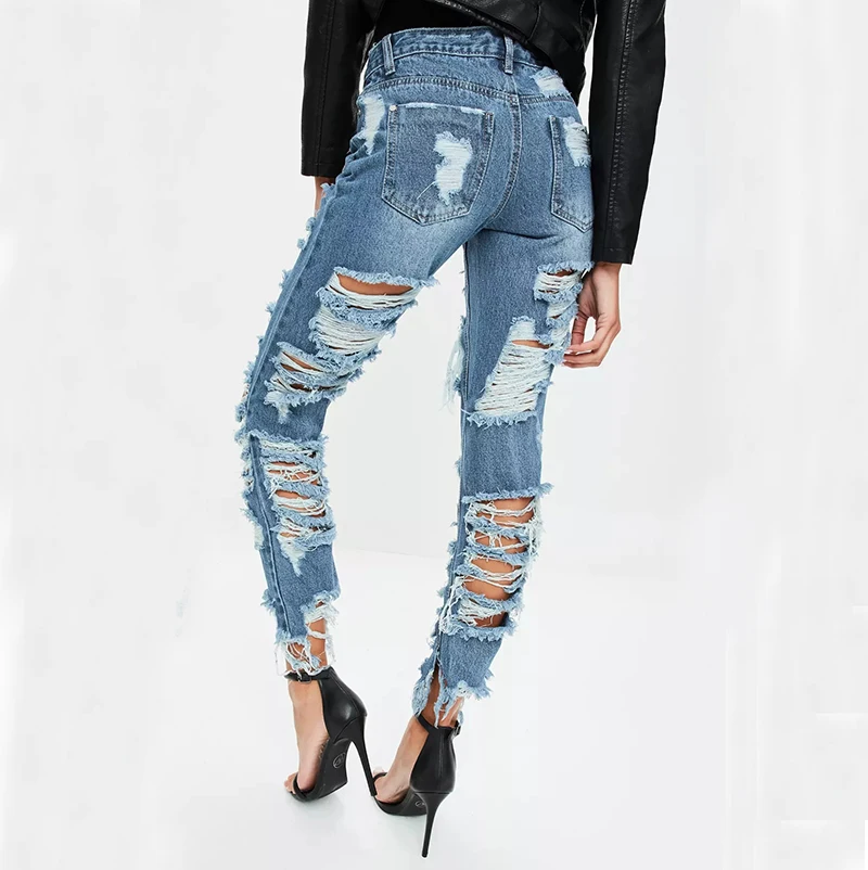 Fancy girls stylish scratch trousers guangzhou female women ripped destroyed denim damaged jeans