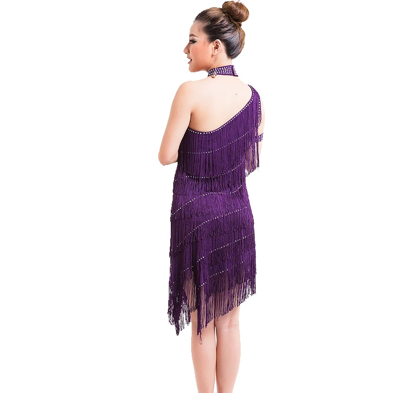 Rhinestone off-shoulder Latin Dance Dress Competition Salsa Tango Performance Festival Party Cocktail Tassel Dress