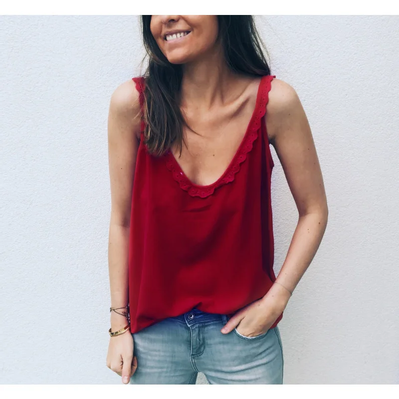 
Women Casual Loose Summer Top Lace Sleeveless Blouse Breathable Basic Vest loungewear Solid debardeur femme camisetas mujer 