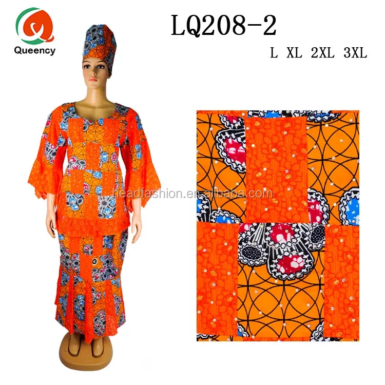 LQ208 Queency Kitenge Design Ankara Style Print African Wax Lace Skirt and Dress with Matching Blouse and Headwrap for Party