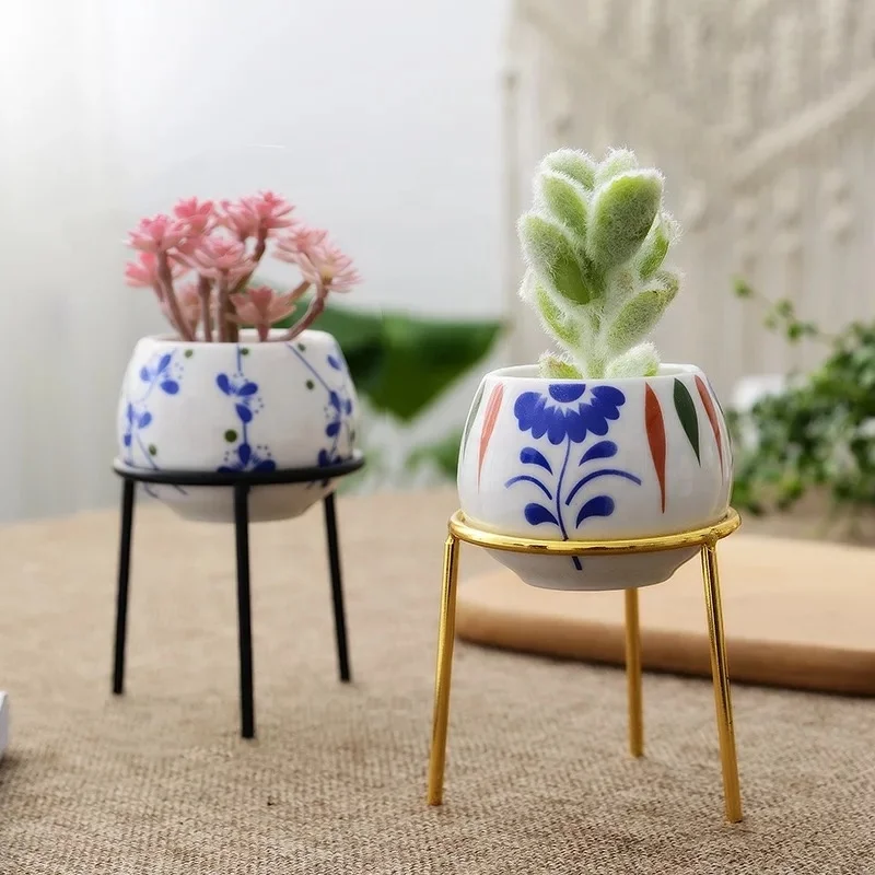 Home decoration mini pots ceramic iron stand