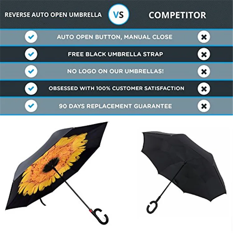 Auto Open Upside Down Sunflower Windproof Reverse Inverted Umbrella for Women