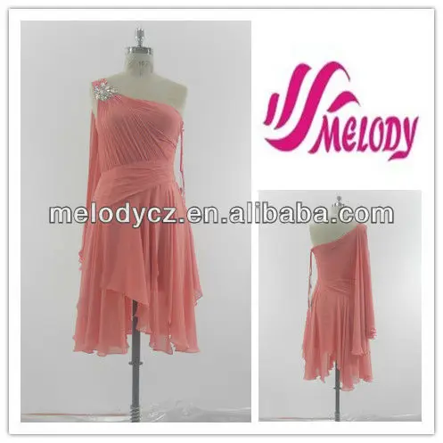 персиковый шифон один- плеча коктейльные вечерние платья мода платья и вечерние платья с камнями