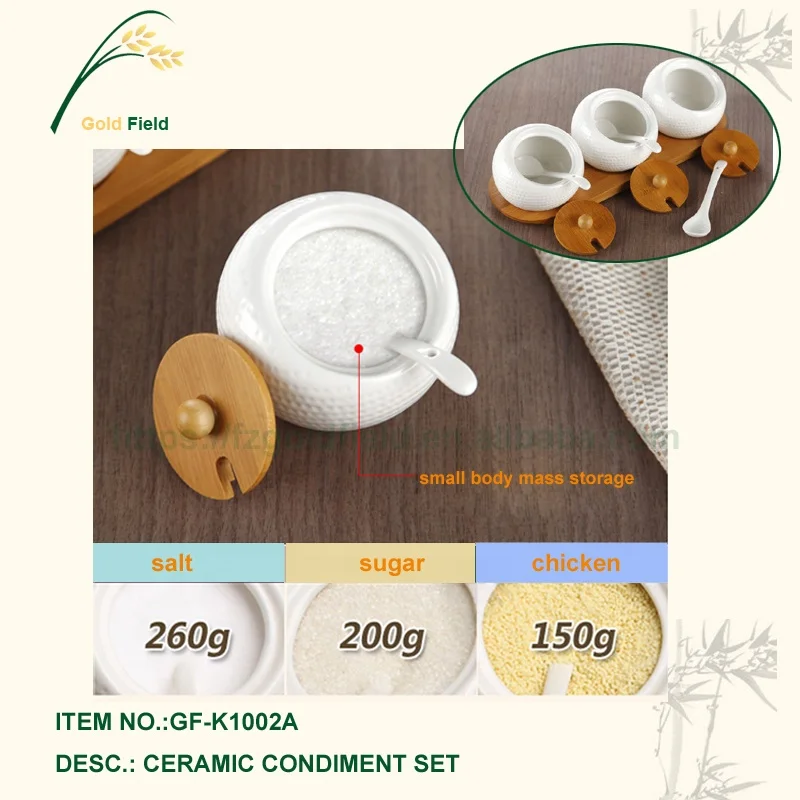 wholesale ceramic sugar spice Jar set container Set bamboo lids with Bamboo Tray