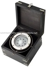 Nickel Plated Gimbaled Brass Compass with Wood Box
