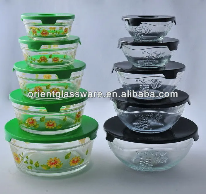 Promotion150ml-1000ml  lead free 5 pcs glass bowl set with plastic lid custom printing