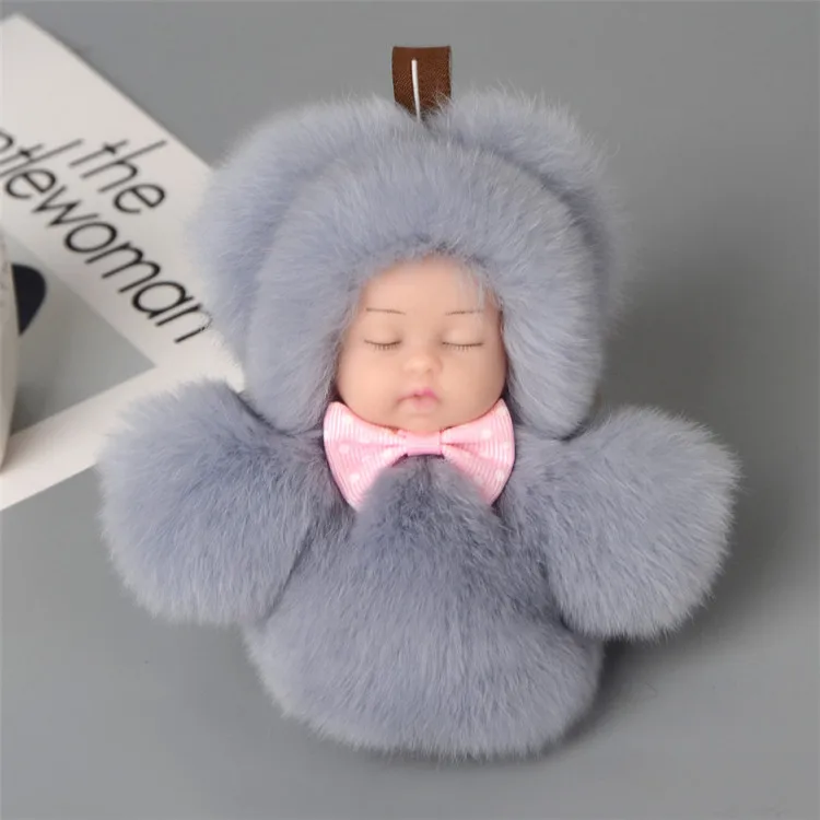 Factory wholesale lovely sleeping baby shape rex rabbit fur key chain plush doll keychain