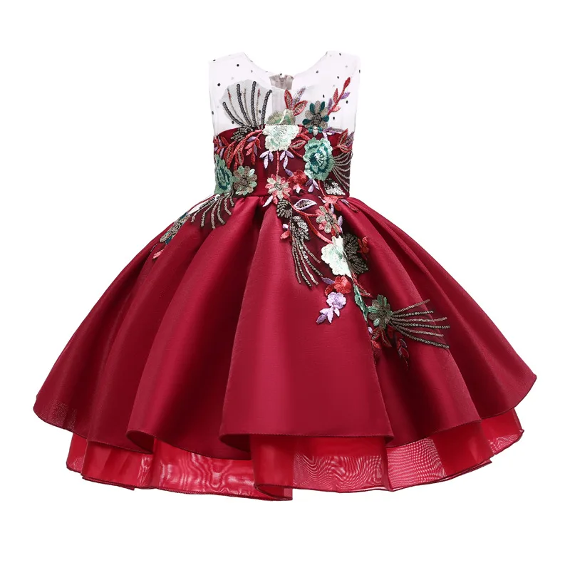 
KLS008 Embroidered 3D Flowers Girls Party Dresses Princess Wedding Sleeveless Knee Length Red Satin latest Girls Frock Designs 