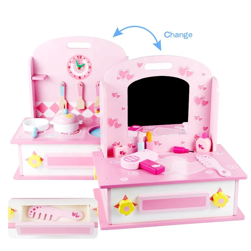 Chinese wholesale Girls Mini wooden Kitchen toy and Dresser set change 2 in 1 for the kids WKT16