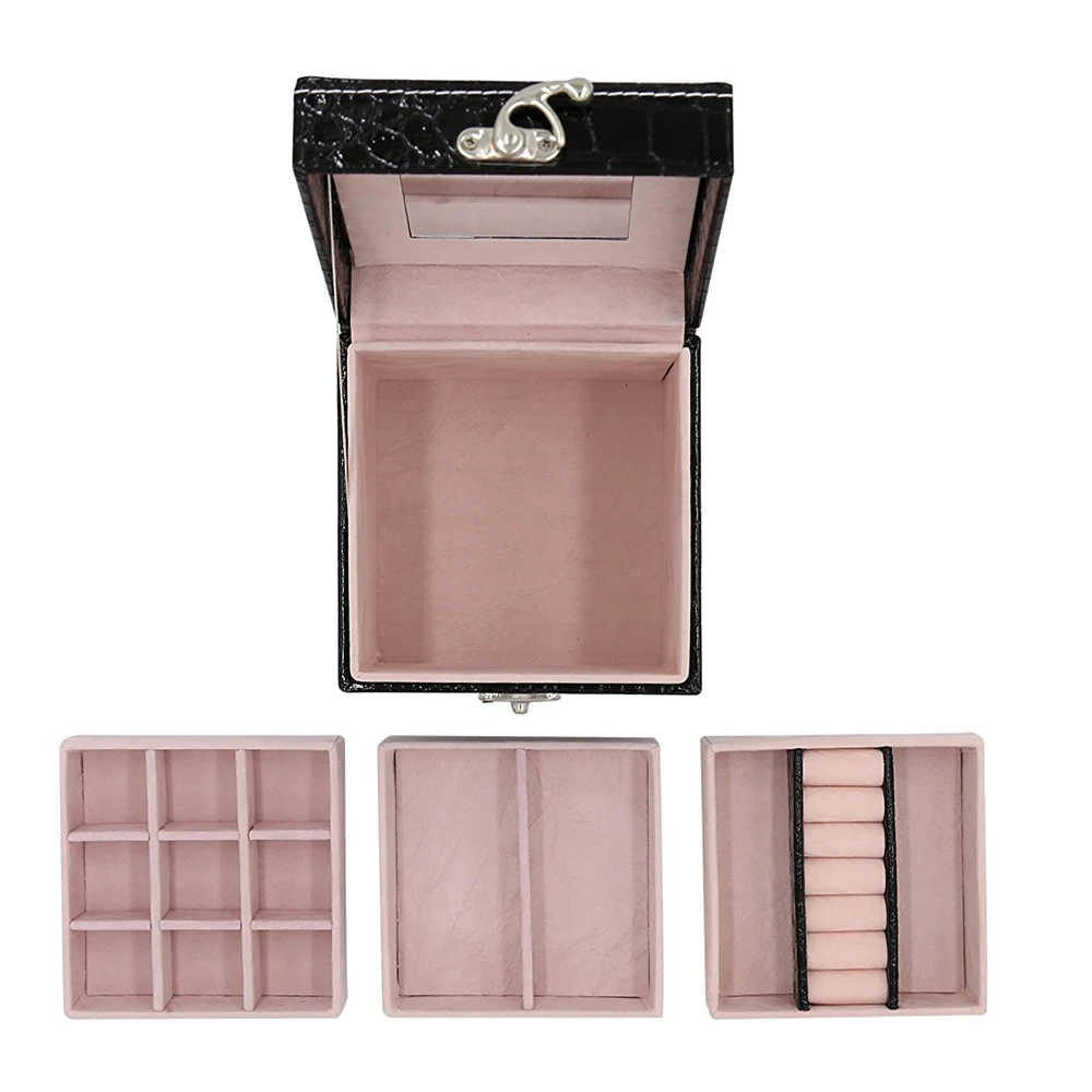 
Crocodile leather 3 layers jewelry box with mirror and hardware handle jewelry organizer 