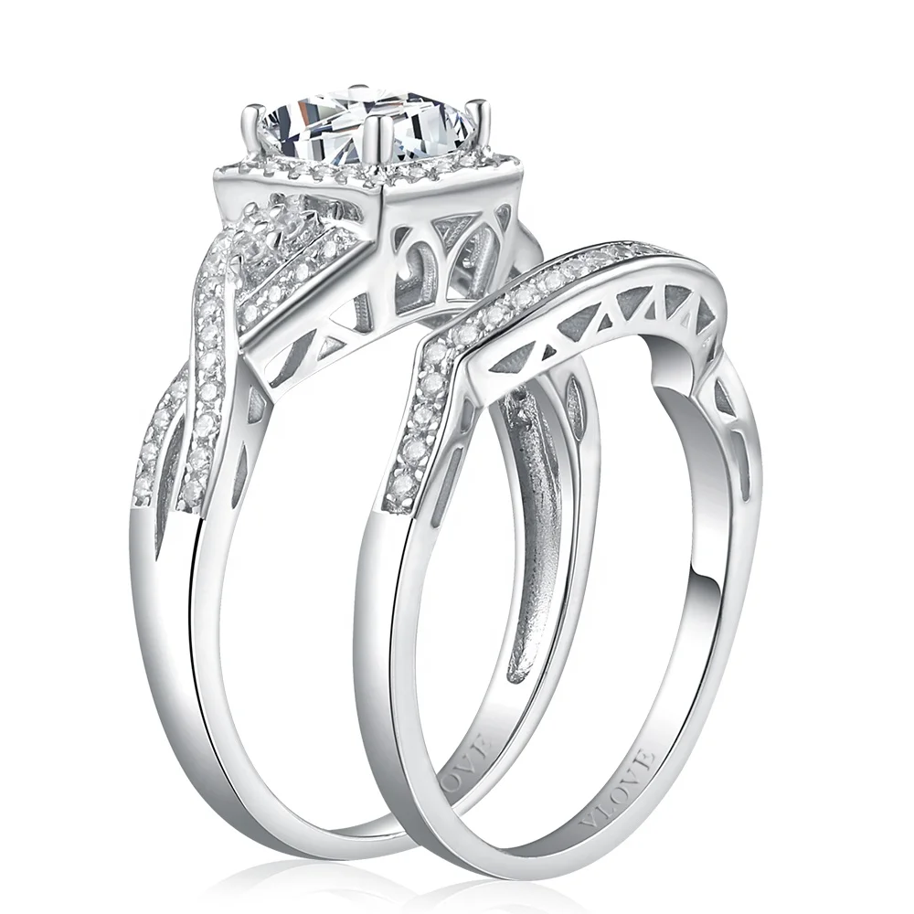 Cheap price fashion zircon jewelry set sterling silver wedding rings with two ring sets