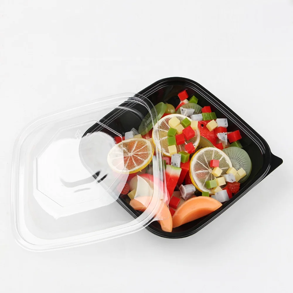 Индивидуальная сухая пластиковая упаковка RPET/PET одноразовая упаковка для салата 750 г квадратная черная коробка для фруктов