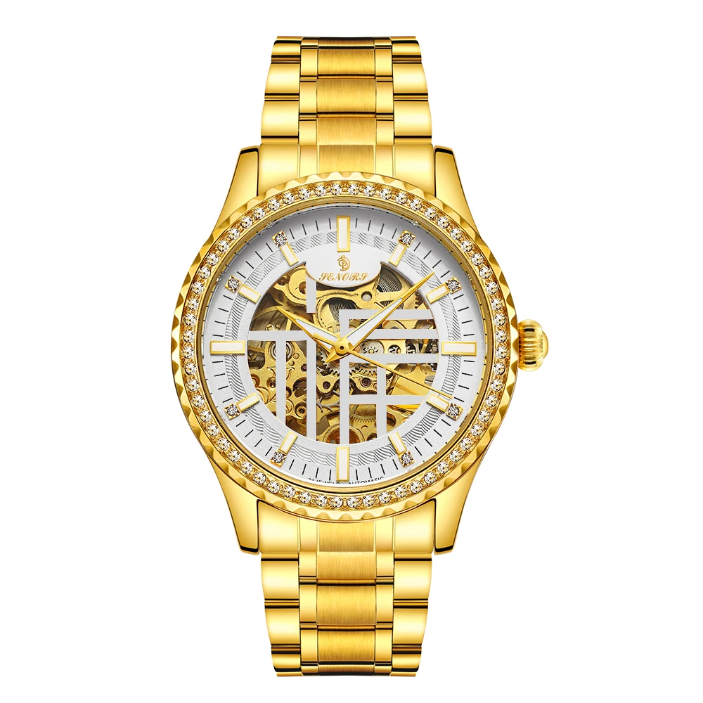 SENORS SN087 Luxury IP plating Custom Logo Watch Full Gold Automatic Skeleton Mechanical Male Wrist Watch 3 ATM Waterproof