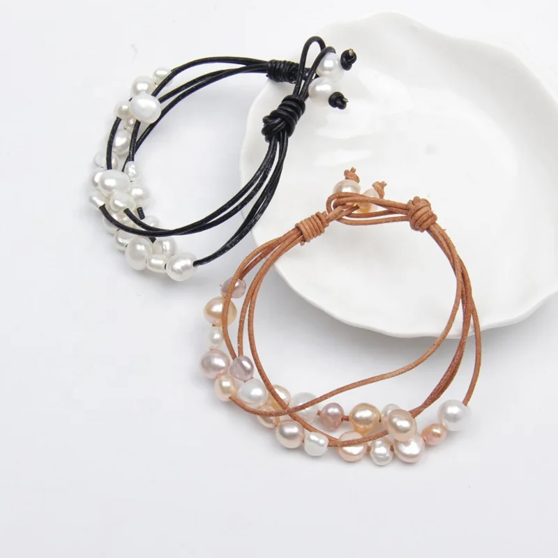 Layer baroque genuine pearl fresh water real leather bracelet handmade