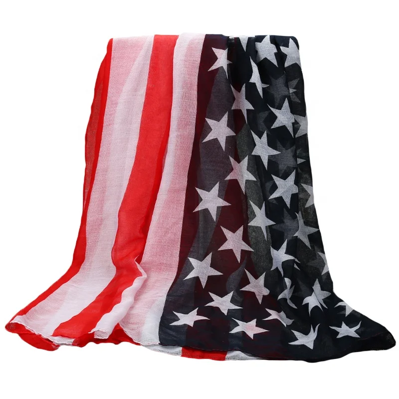 Wholesale Promotional Newest Fashion 100%polyester American Flag Print Scarf Women Soft Voile Stripes Stars Flag Printed Shawl