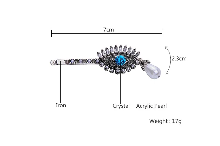 Rhinestone Blue Eye Hairwear Antique Silver Plated Acrylic Pearl Hair Jewelry
