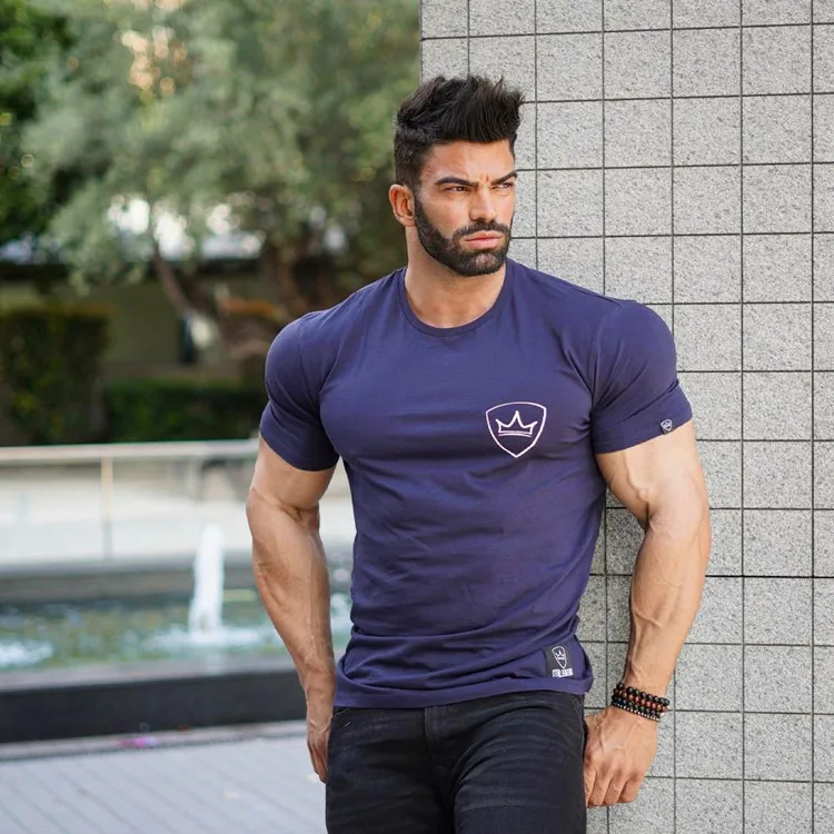Wholesale O-neck Gym Tshirt Men Cotton Short Sleeve Gym Fitness Clothing Training Jogging Wear