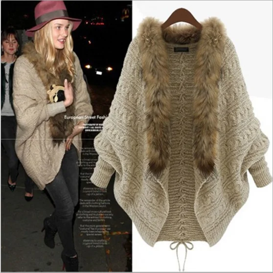 Wholesale Hot Sale Women Winter Fur Shawl Jacket Bat Sleeves Knitted Coat