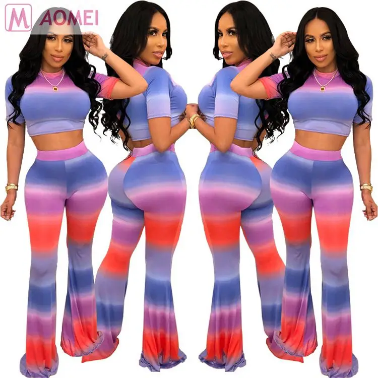 
X1023 women casual gradient color print flared pants two piece set 