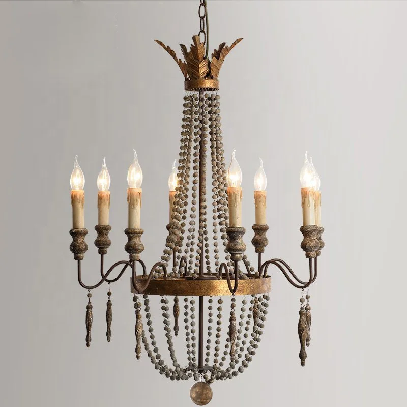 Italian iron hanging pendant lighting,vintage classic wood beaded chandelier