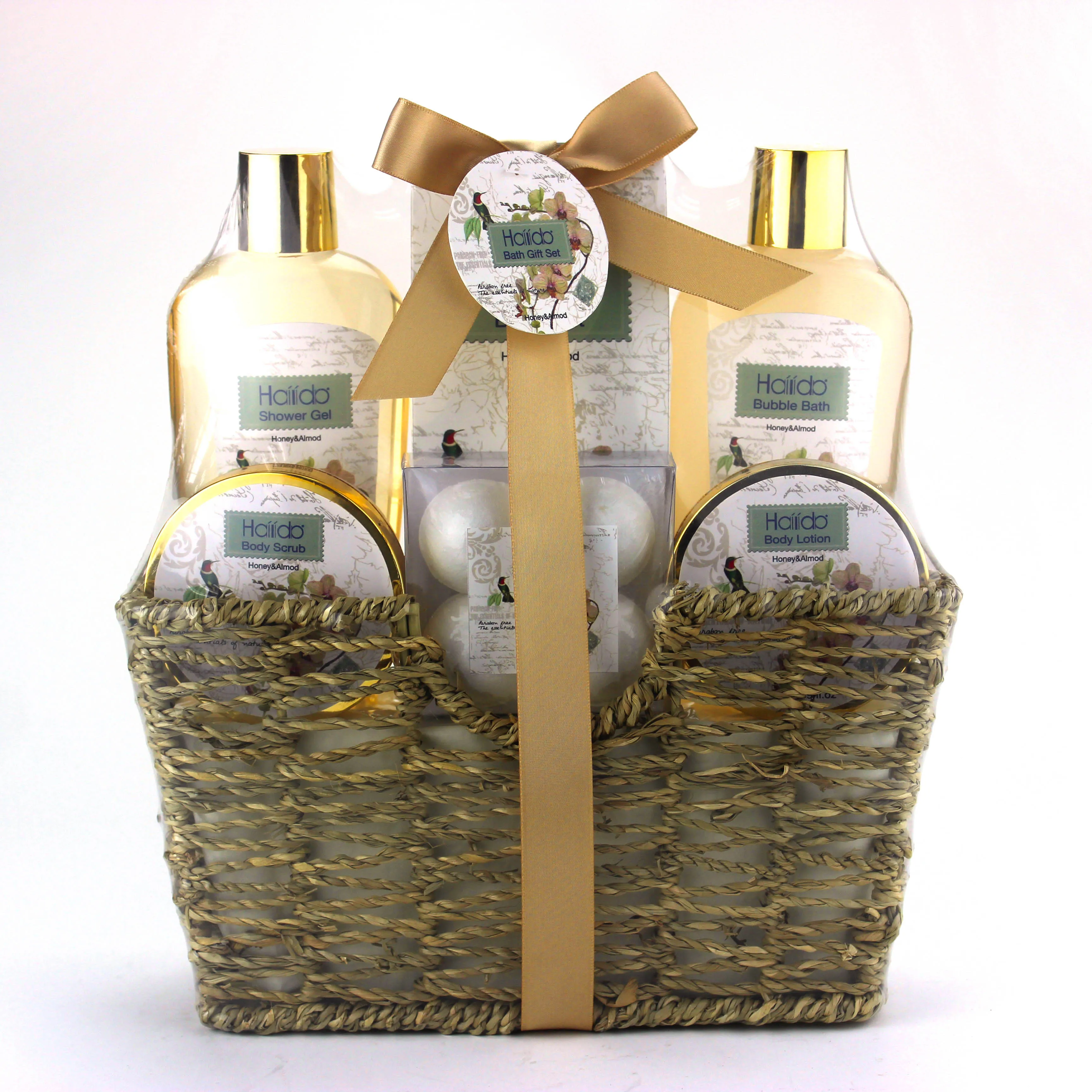 OEM hot selling bath gift set for spa ,shower gel body lotion bath salt  and bath bambs in weave basket