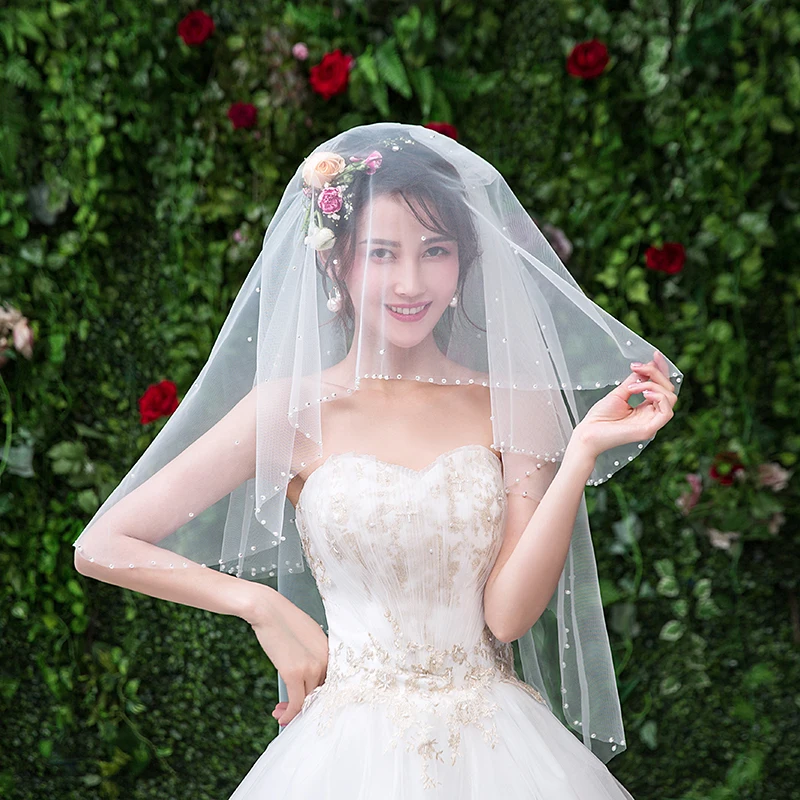 
Wholesale Hot Sale In Stock Beige Veils Bead Edge Tulle One-Layer Wedding Veil High Quality Soft Bridal Illusion veils 