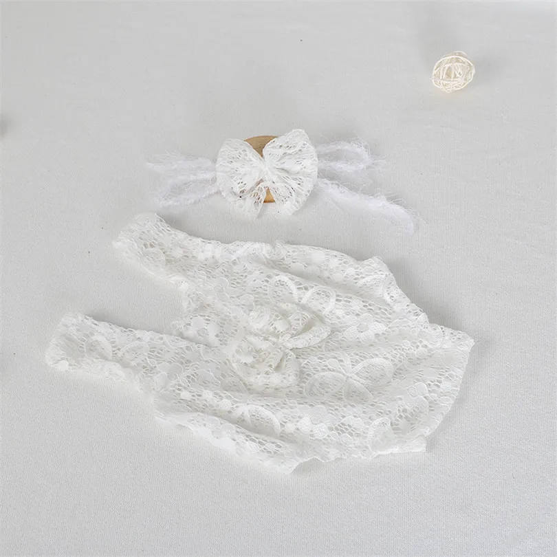 PWPROPS White Newborn Lace Outfit Photo Prop soft Baby Girl Romper Headband Set
