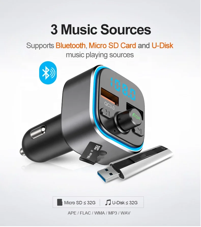 AGETUNR T32 Bluetooth V5.0 автомобильный комплект U диск/SD карта QC3.0 зарядное устройство Громкая связь стерео FM-передатчик MP3-плеер световой