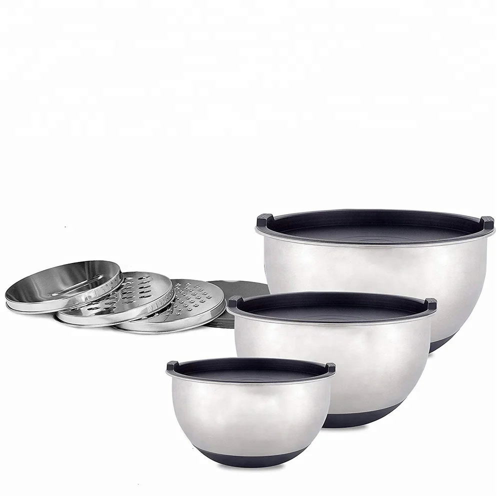 Multifunctional round flour mixing bowls stainless steel salad mixing bowl set with lid and grater for kitchenware